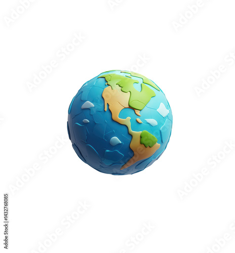 Stylized cartoon earth globe 3d render model blue green planet map eco on transparent background