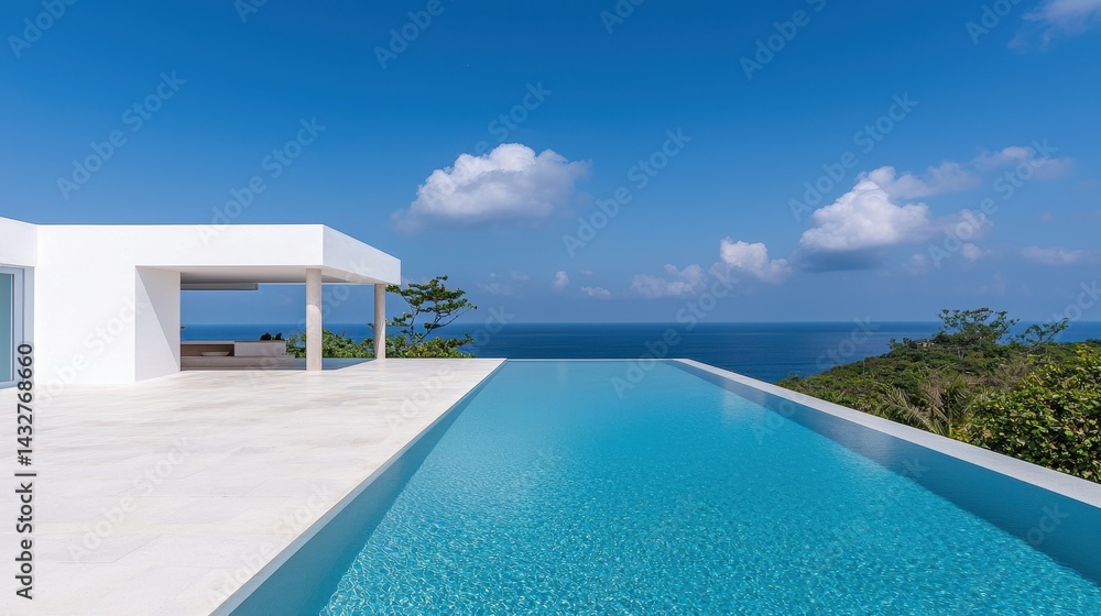 Fototapeta premium Modern Villa with Infinity Pool Overlooking Scenic Ocean View