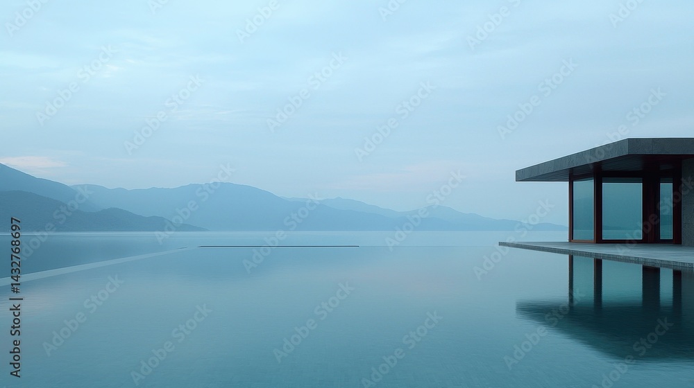 Serene Infinity Pool Overlooking Calm Waters and Mountains at Dusk Serene Infinity Pool Overlooking Calm Waters and Mountains at Dusk