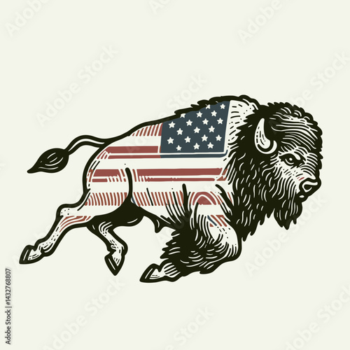 bison wear american flag running. Funny Animal Vector Clip art. Patriotic buffalo apparel sprint race attire.