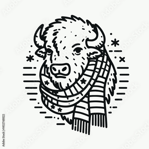 bison wear american flag Sharing a big scarf in winter. Funny Animal Vector Clip art. Buffalo garment national emblem cozy neckwear cold season.