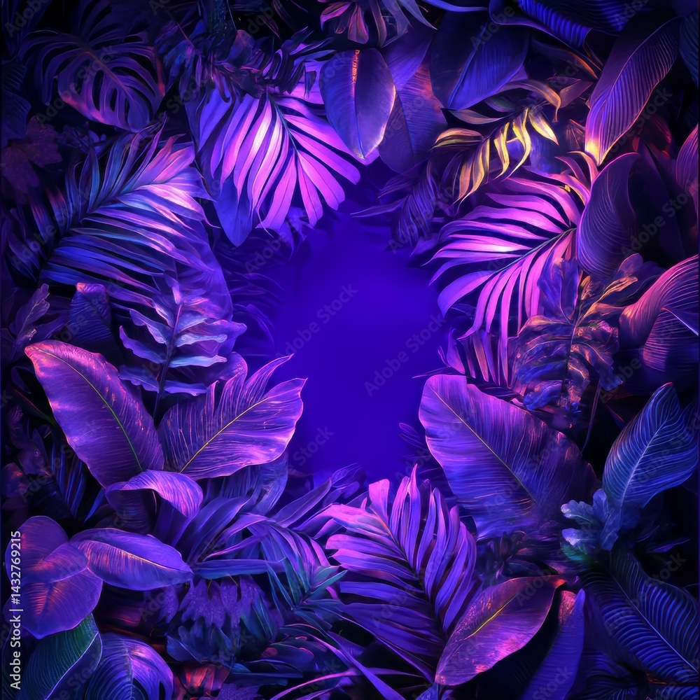 Glowing border with purple light in the night tropical forest. Mockup with tropical leaf background, 3d illustration Glowing border with purple light in the night tropical forest. Mockup with tropical leaf background, 3d illustration