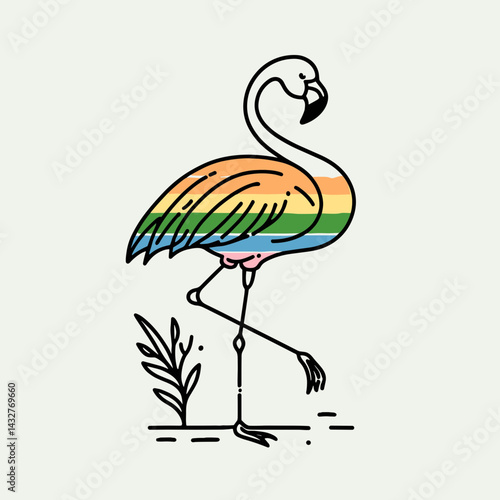 Flamingo wear pride lgbtq costume. Funny Animal Vector Clip art. Avian apparel celebration gay attire rainbow dressup.