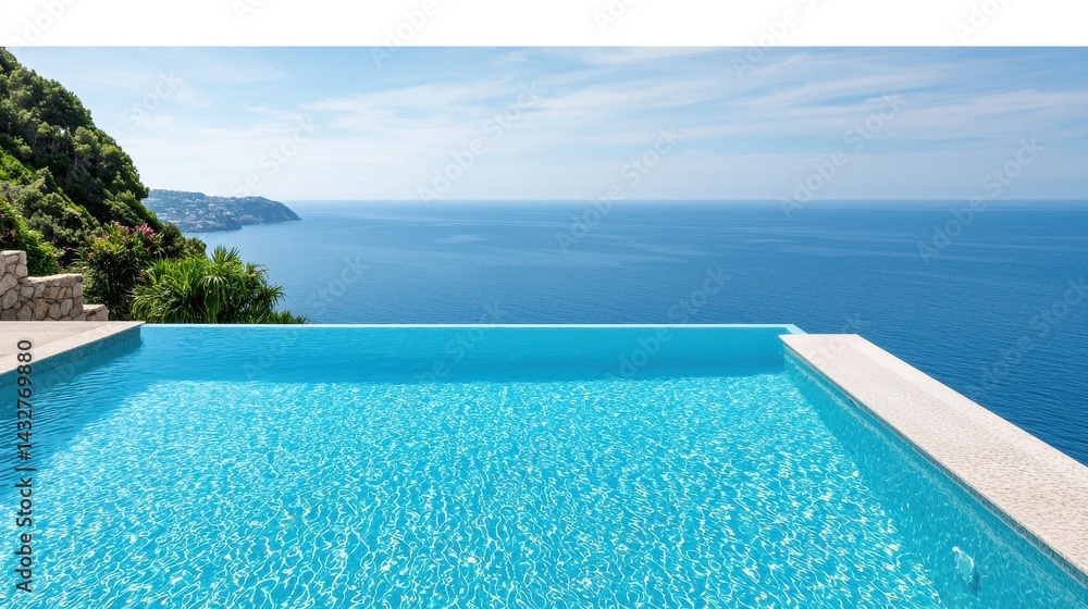 Fototapeta premium Stunning Infinity Pool Overlooking Tranquil Ocean and Scenic Landscape