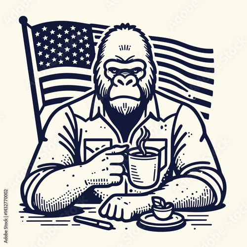 gorilla wear american flag Casual Coffee Date. Funny Animal Vector Clip art. Patriotic attire relaxed meetup clothing urban outfit.