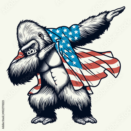 gorilla wear american flag dabbing. Funny Animal Vector Clip art. Patriotic ape garment unique pose usa banner dance.