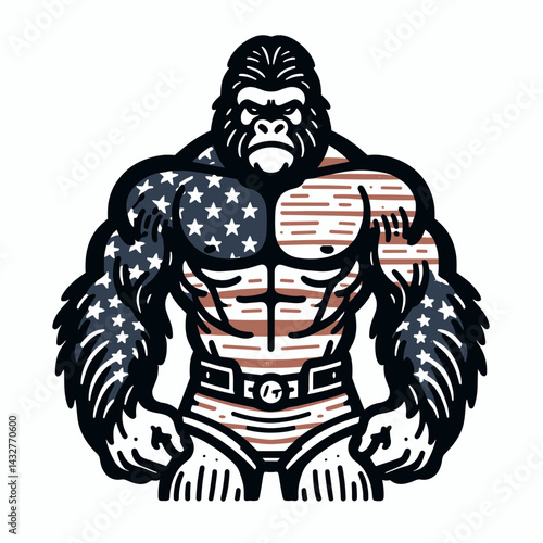 gorilla wear american flag Gift Exchange. Funny Animal Vector Clip art. Patriotic ape attire present swap for workout fanatic.