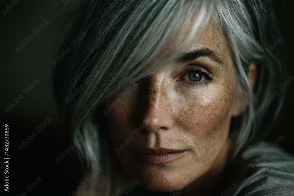 Fototapeta premium Mature woman with silver hair and striking freckles poses for a close-up portrait, looking directly at the camera with one green eye visible.