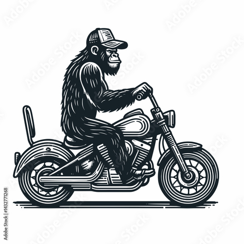 gorilla wear american flag ride cruiser motorcycle. Funny Animal Vector Clip art. Patriotic moto journey custom bike.