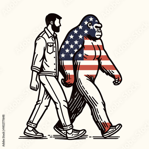 gorilla wear american flag Walking together. Funny Animal Vector Clip art. Ape apparel usa banner amble group.