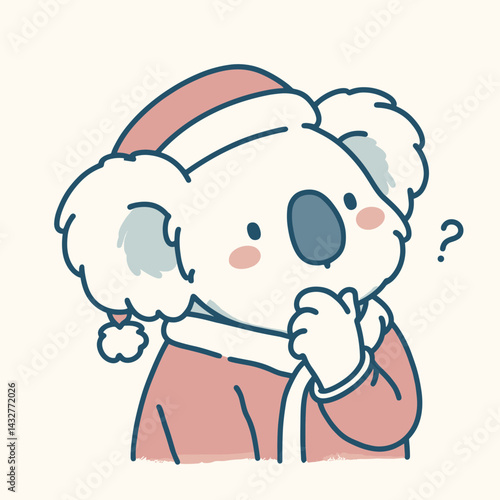 Koala wear santa Claus Costumes Hand on Chin (Curious). Funny Animal Vector Clip art. Marsupial xmas attire palm jaw quizzical holiday fauna.