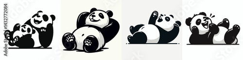 Panda lying down on back Laughing Together. Funny Animal Vector Clip art. Bear relaxing prone position giggle companion joy.