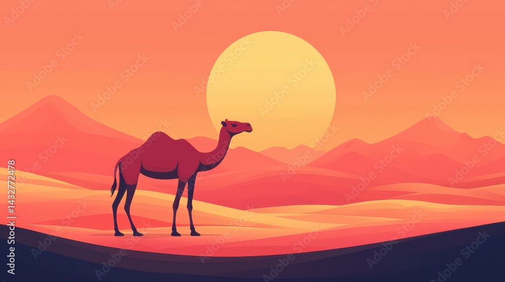 A camel stands alone in a surreal desert landscape during a vibrant sunset. A camel stands alone in a surreal desert landscape during a vibrant sunset.