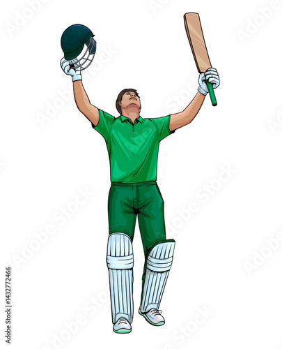Vector illustration of batsman in winning pose. Batsman celebrates after hitting a winning shot. Cricket player celebrate century in white background