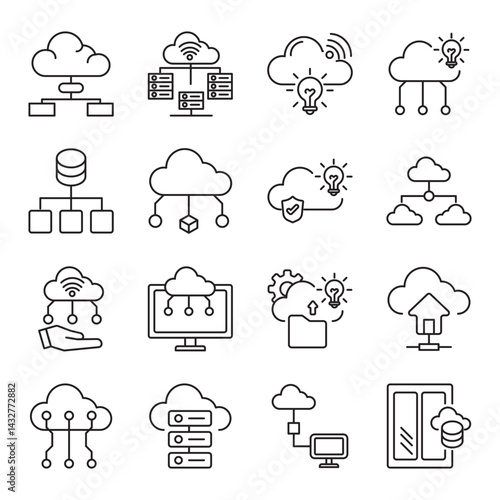 cloud computing solutions set of web icons in line style. cloud computing, cloud solutions, cloud storage and cloud service. Vector illustration