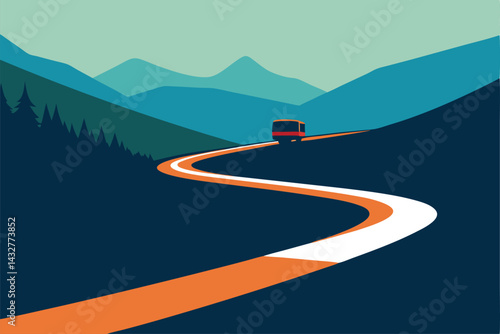bus arriving through wet mountain road curve .eps
