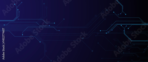 Glowing light blue neon AI chip with thin circuit contact lines. Technology lines circuit and dots on blue background, circuit board network connection.