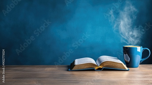 Serene morning scene featuring an open book and a steaming cup of coffee on a wooden table against a deep blue background. Perfect for relaxation, spirituality, or education themes.