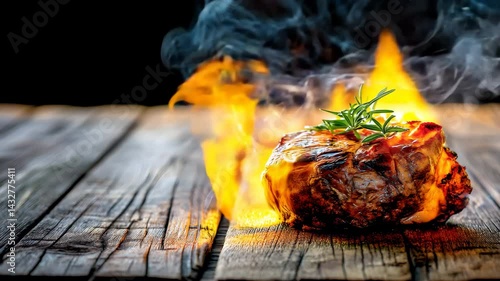 Juicy grilled steak on wooden table with flames and smoke creating a delicious culinary scene