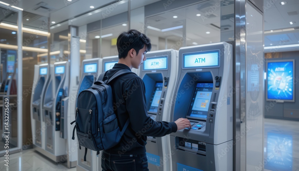 Young Man Using ATM in Modern Bank Interior with Glass Walls and Bright Lighting Young Man Using ATM in Modern Bank Interior with Glass Walls and Bright Lighting