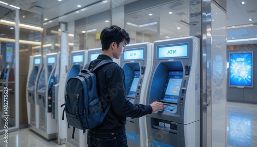 Young Man Using ATM in Modern Bank Interior with Glass Walls and Bright Lighting