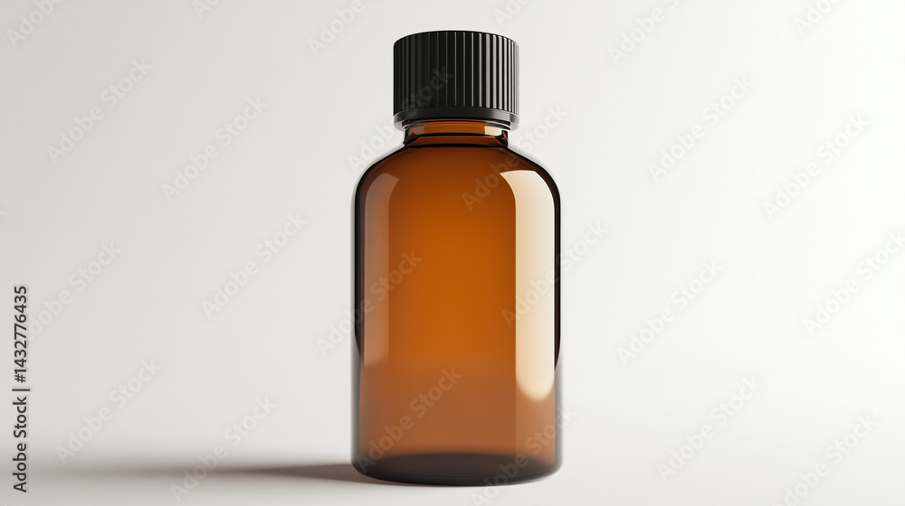 a brown glass bottle with a black cap on a white background. Amber medical or cosmetic mockup. a brown glass bottle with a black cap on a white background. Amber medical or cosmetic mockup.