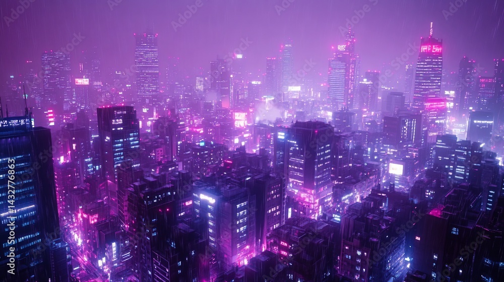 Fototapeta premium Futuristic cityscape glowing pink and blue lights, aerial view, misty background