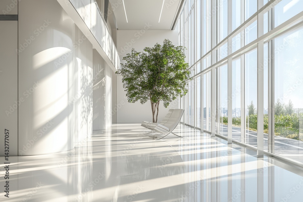 Obraz premium Bright interior with floor-to-ceiling windows, a tree, and a white lounge chair. Use this image to illustrate wellness, modern architecture, or office design.