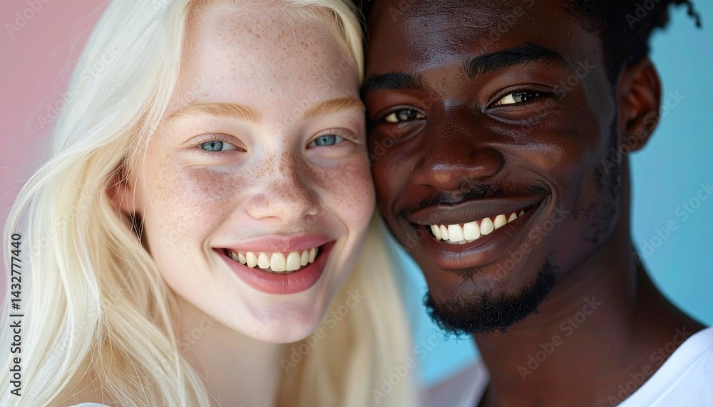 Retrato de diversidad: Mujer albina y hombre africano en un retrato con contraste fascinante Retrato de diversidad: Mujer albina y hombre africano en un retrato con contraste fascinante