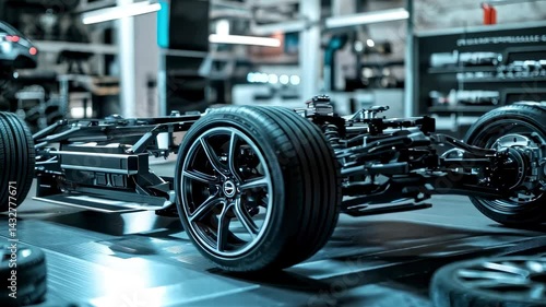 Car chassis and wheels showcased in a factory workshop