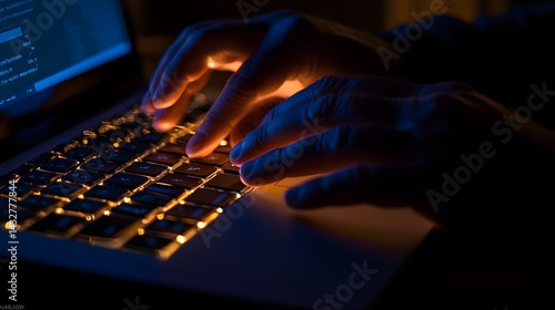 Person s Hands Typing on Illuminated Laptop Keyboard at Night Close Up