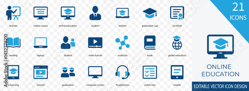 A clean and modern vector icon set representing online education and virtual learning. Includes icons of students, teachers, laptops, graduation caps, certificates, video tutorials, and e-learning too