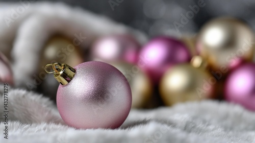 Festive pink and gold Christmas ornaments on soft white fabric