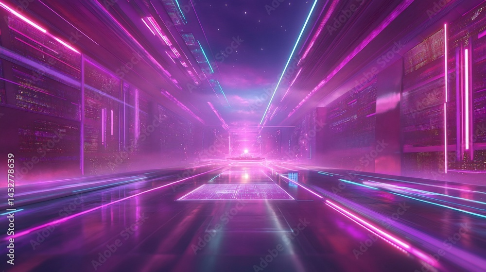 custom made wallpaper toronto digitalFuturistic neon city corridor with glowing lines and digital architecture.