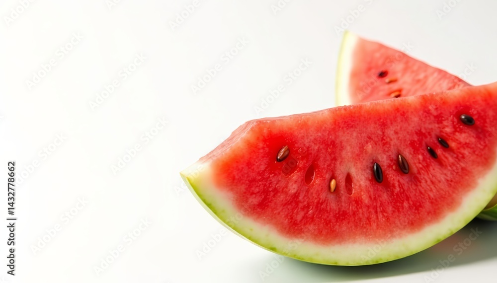 Close-up of ripe watermelon slice with seeds on white background, juicy, tropical Close-up of ripe watermelon slice with seeds on white background, juicy, tropical