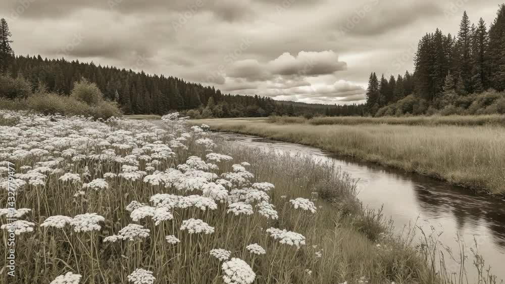 Idyllic river flows alongside dense meadow featuring flowering Yarrow plants and evergreen forest beneath cloudy sky in sepia tone Idyllic river flows alongside dense meadow featuring flowering Yarrow plants and evergreen forest beneath cloudy sky in sepia tone