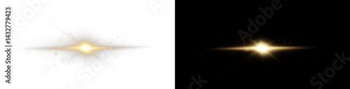 Light rays of light horizontal golden color with glare and flashes isolated on a transparent background. Light star gold png. Light sun gold png. Light flash gold png. Powder png.	