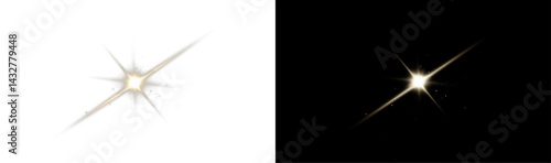 Light rays of light horizontal golden color with glare and flashes isolated on a transparent background. Light star gold png. Light sun gold png. Light flash gold png. Powder png.	