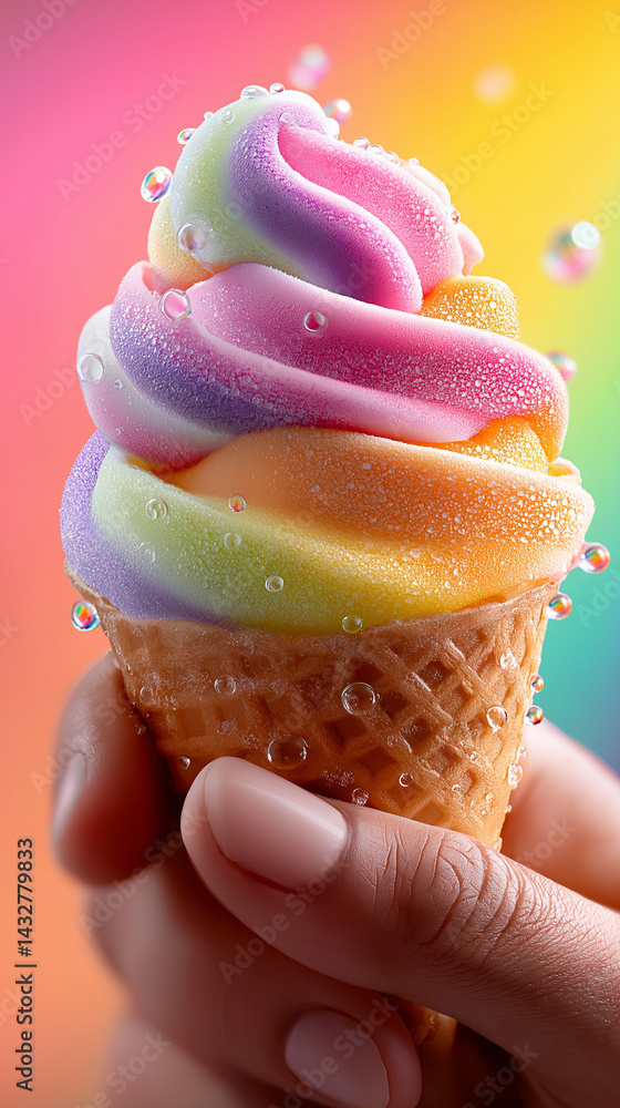 Bunte Eiscreme im Waffelbecher mit tropfendem Wasser vor pastellfarbenem Hintergrund