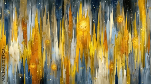 A vibrant abstract artwork featuring streaks of gold, yellow, and blue, evoking a sense of movement and cosmic energy.