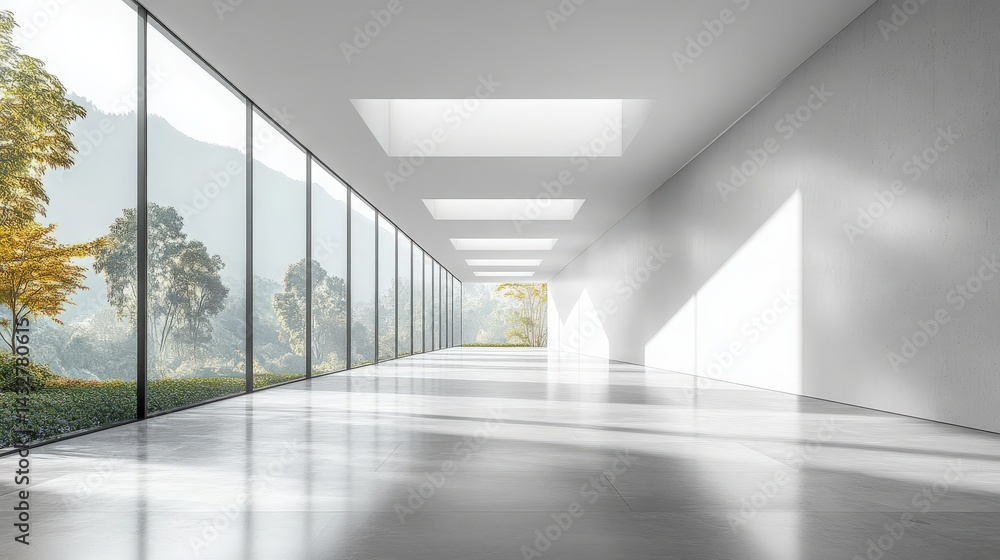 Fototapeta premium Minimalist interior with panoramic windows overlooking tranquil natural landscapes