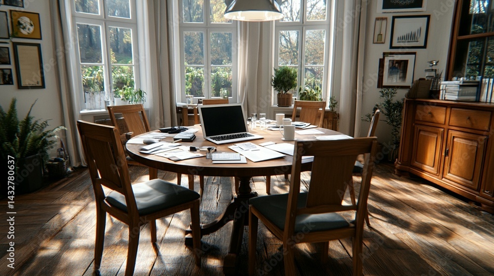 Classic dining room interior with round table and four chairs Classic dining room interior with round table and four chairs