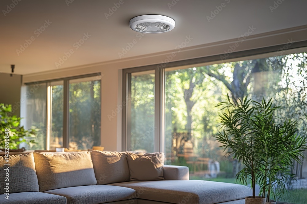 Modern smart smoke detector on a ceiling, with a bright interior. Promote safety and home technology with this clean, indoor shot. Modern smart smoke detector on a ceiling, with a bright interior. Promote safety and home technology with this clean, indoor shot.