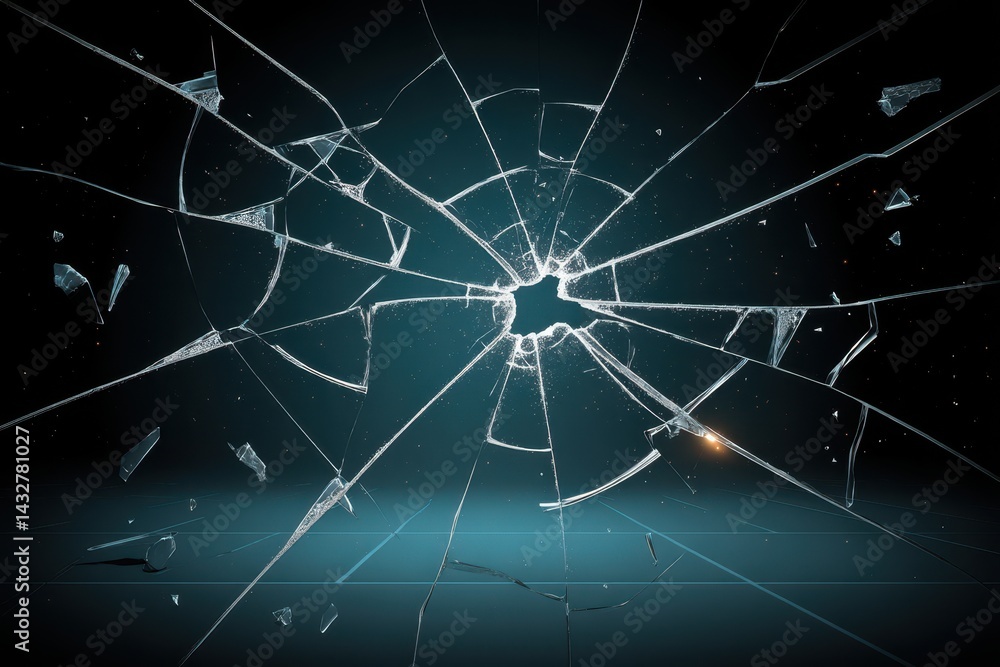 Fototapeta premium A shattered glass effect with intricate cracks radiating from a central point, set against a dark, softly lit background.