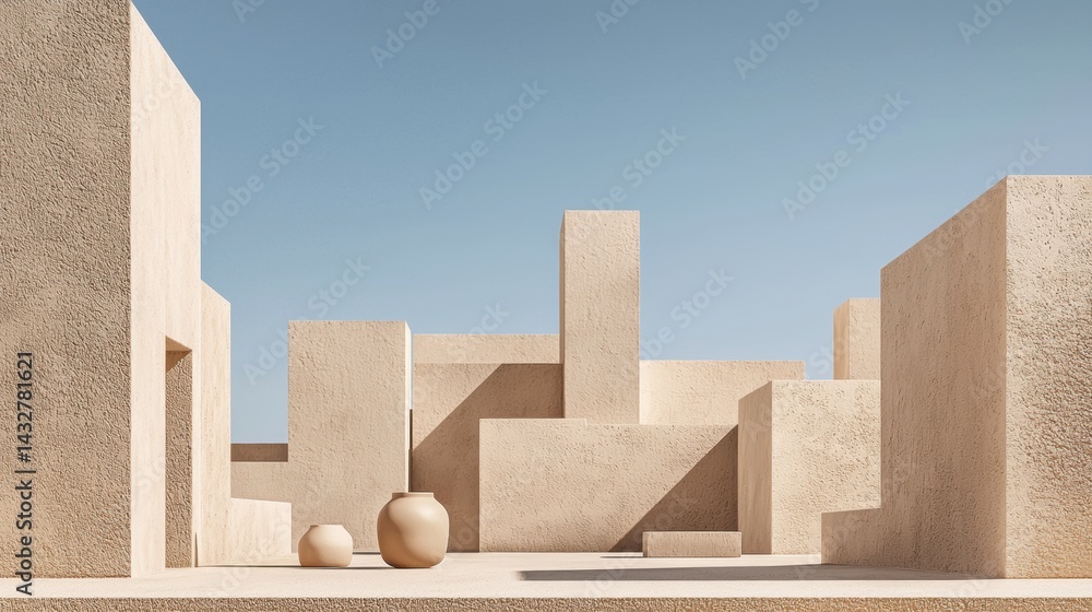 A minimalist architectural scene with a light beige color palette and geometric shapes. A minimalist architectural scene with a light beige color palette and geometric shapes.