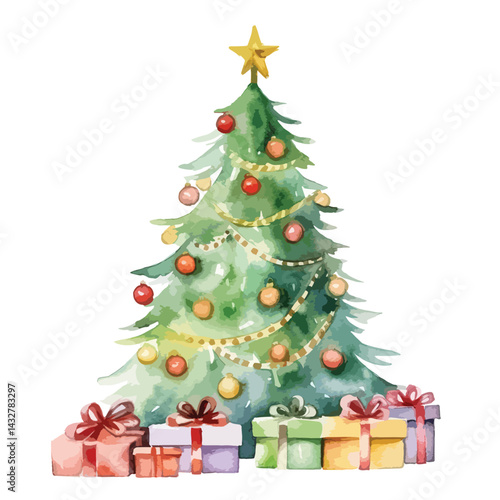 Christmas tree with gifts underneath cute watercolors illustration on white background