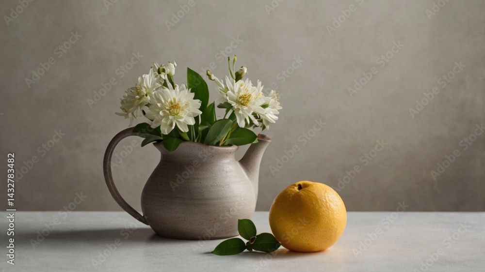 custom made wallpaper toronto digitalInner peace still life raw clay pot tangerine and white flower stalk dawn light