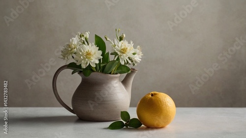 Wallpaper Mural Inner peace still life raw clay pot tangerine and white flower stalk dawn light Torontodigital.ca