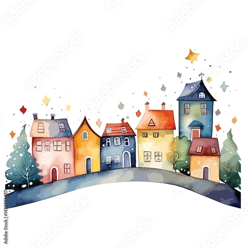 city skyline with solar panels cute watercolors illustration on white background