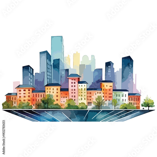 city skyline with solar panels cute watercolors illustration on white background